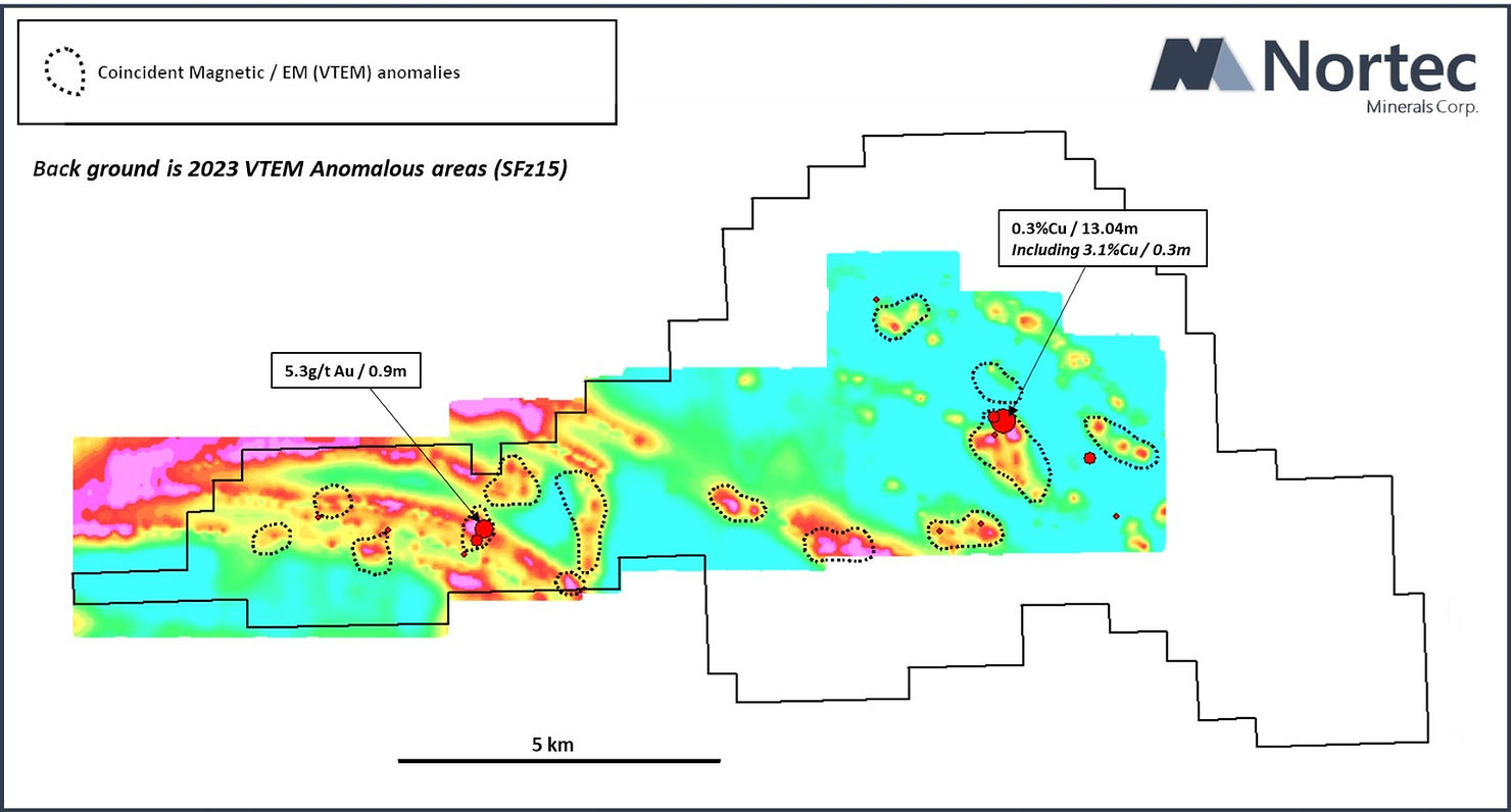 Figure 2: 2023 VTEM results (SFz15 EM displayed) with location of coincident magnetic and electromagnetic target areas in hashed black. 