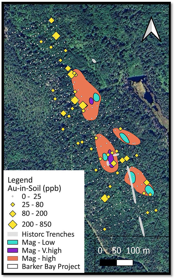 Figure 2 - Magnetic Anomalies, location of historic surface workings and Gold-in-Soil Values